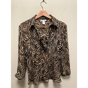 Vintage Womens Top Large Animal Print Ruffle Tie Neck Babydoll Mob Wife 90s Y2K